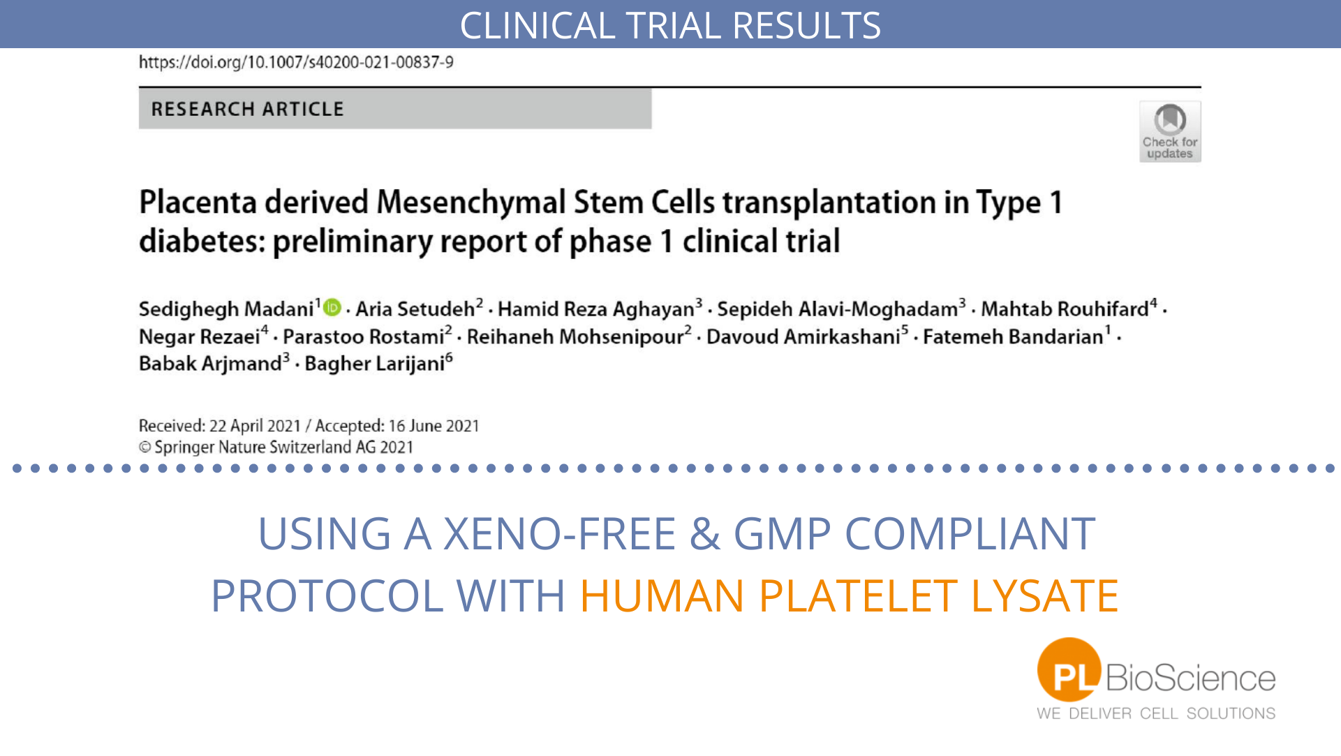 Phase 1 Clinical trial cell therapy diabetes with human Platelet Lysate