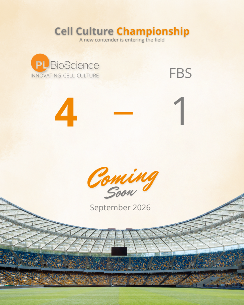 Graphic for the PL BioScience Cell Culture Championship campaign launching September 2026, showing a 4 to 1 score over FBS inside a sports stadium background.